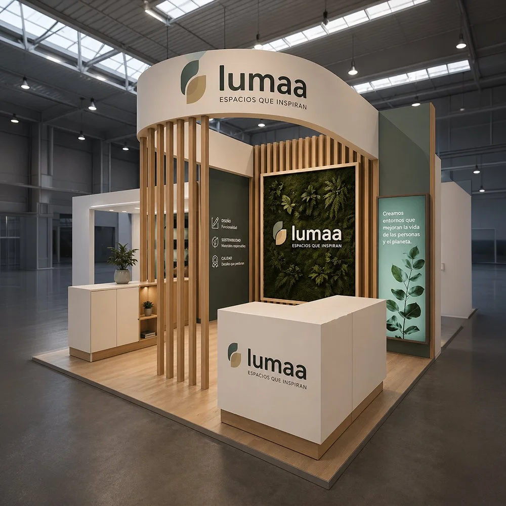 Stand de exhibición de Lumaa con paredes de madera y plantas verdes, cartel de presentación y logo, en un espacio interior con techos altos y luz natural.