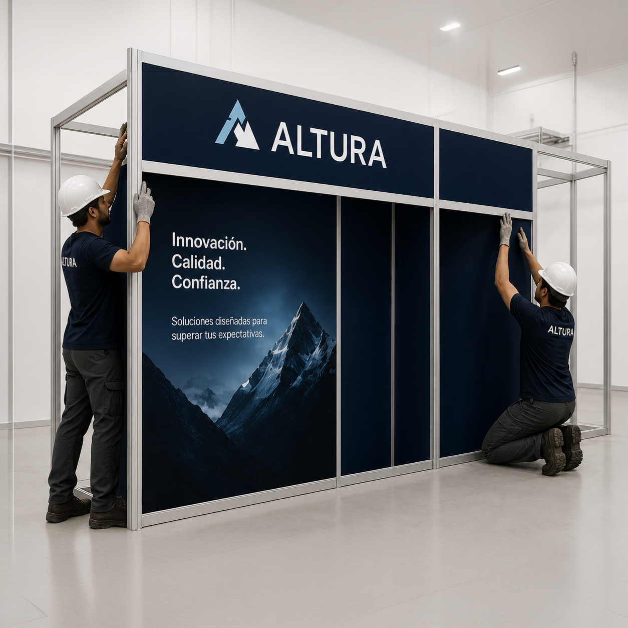 Dos hombres colocan una pared de exhibición con un cartel que tiene un fondo de montañas y el texto "Innovación. Calidad. Confianza." y el logo de Altura.