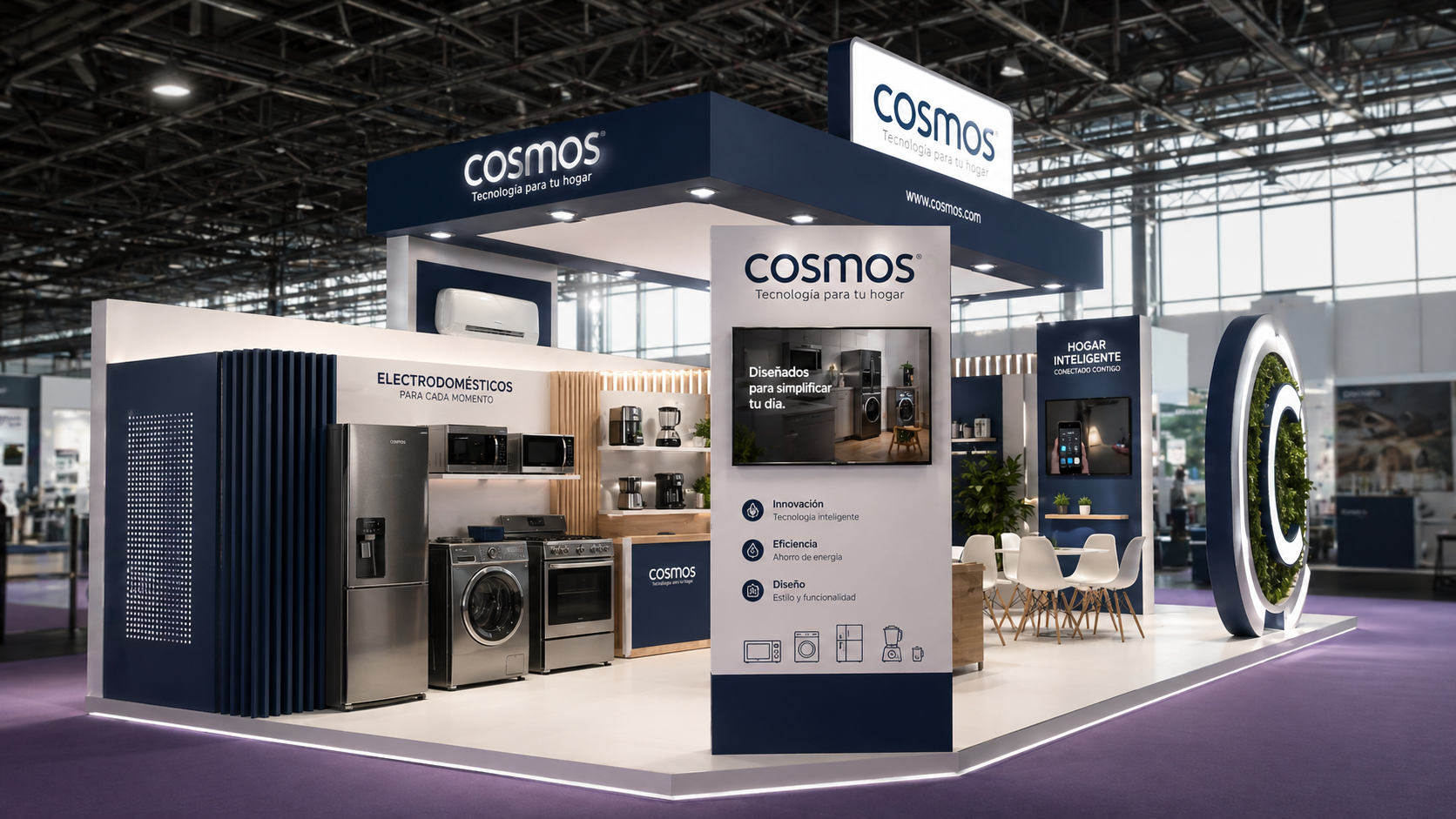 Estante de electrodomésticos de cocina  y casa en una exhibición de la feria, con refrigerador, microondas y lavadora, en un espacio con señalización de marca 'Cosmos'.