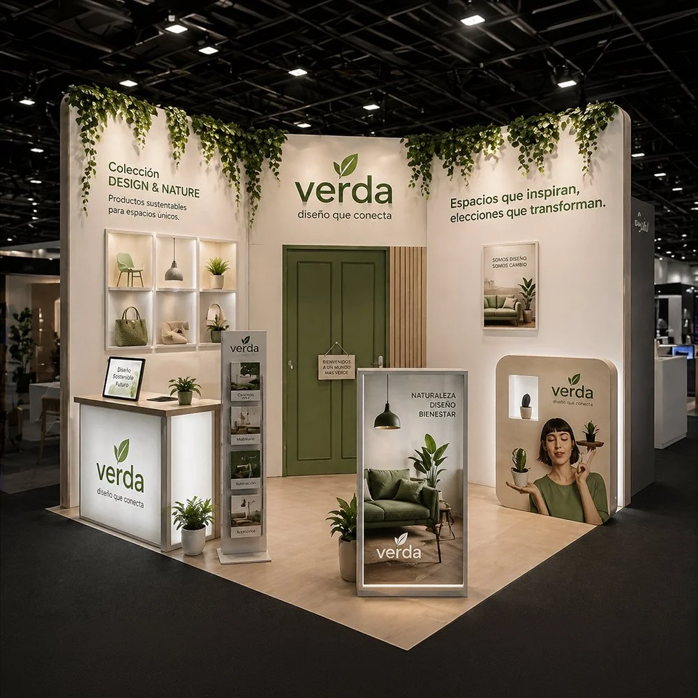 Stand de exhibición de productos de diseño sustentable con temática natural y ecológica, decoraciones verdes, muebles y plantas, en un evento o feria.