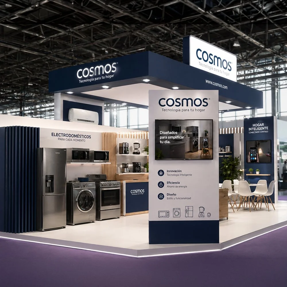 Stand de exhibición de electrodomésticos de la marca Cosmos en una feria, con refrigeradores, microondas, lavadoras y una sala de reuniones.