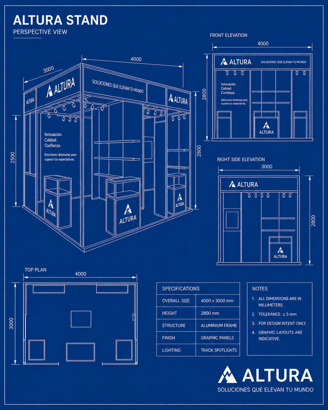 Plano técnico en azul (blueprint) de un stand de exhibición, con dimensiones y elevaciones, indicando la estructura de aluminio y el diseño gráfico, con el logo y el lema de la marca Altura: "Soluciones que elevan tu mundo".