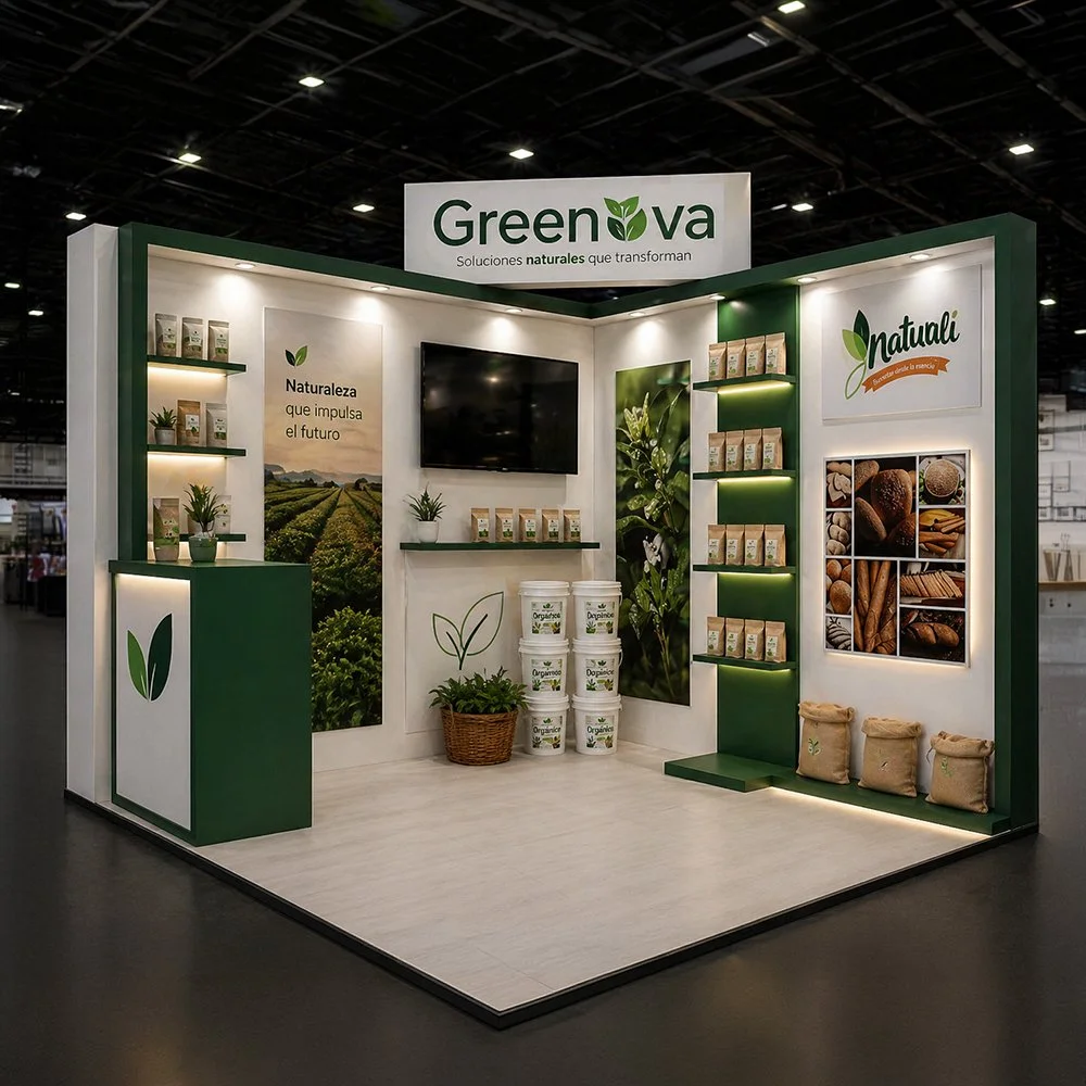 Escaparate de exhibición de productos naturales con plantas, bolsas, y cajas, con un cartel que dice 'Greenova Soluciones naturales que transforman' y 'Natural'. Las paredes tienen imágenes de campos y plantas.