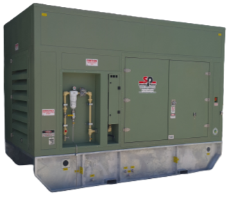 Large green industrial generator with vents and control panels