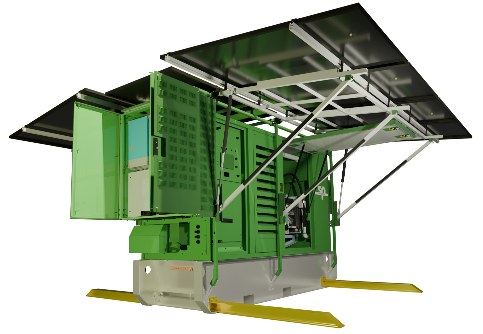 A large, green industrial machine with metal framework and a canopy, featuring various panels and mechanical components.