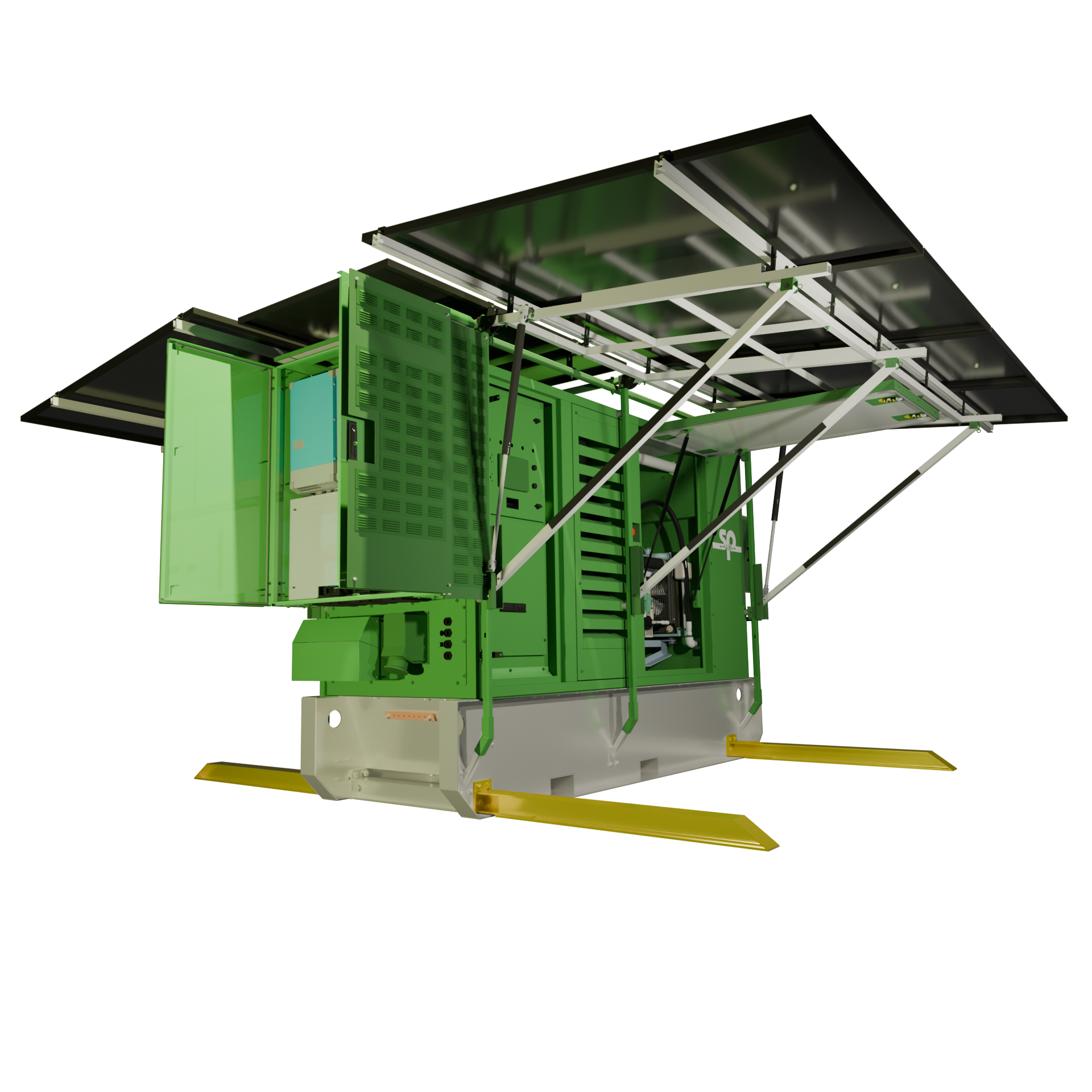 A large, green industrial machine with metal framework and a canopy, featuring various panels and mechanical components.