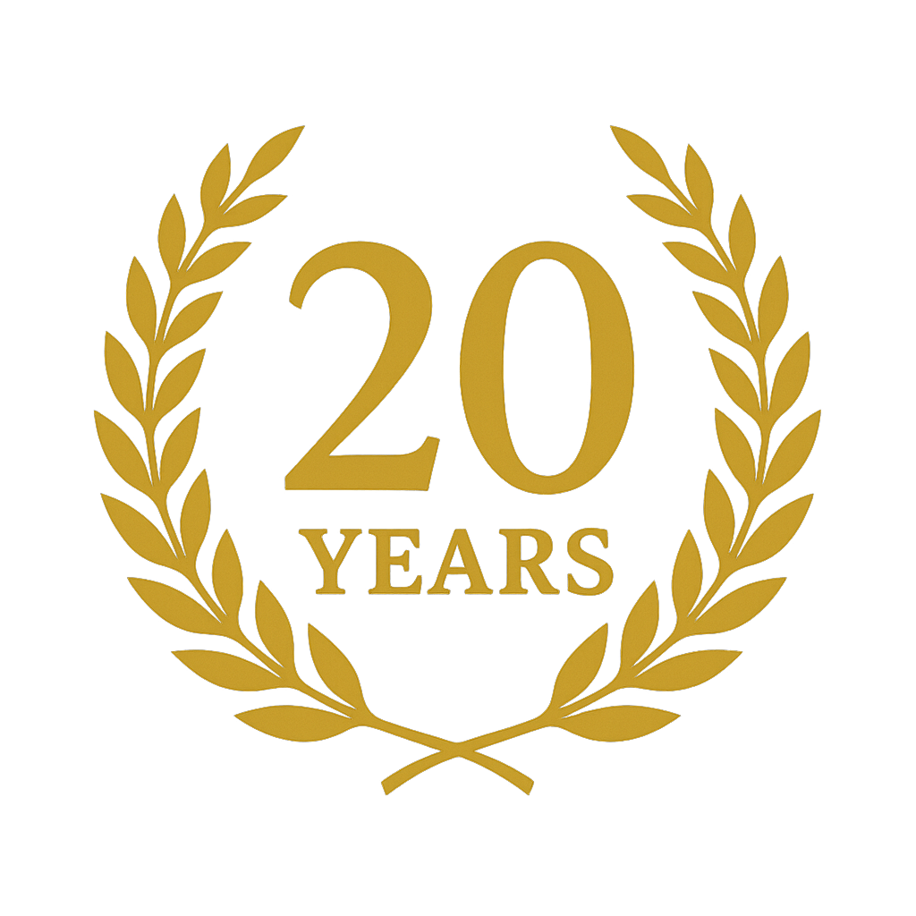 Gold laurel wreath surrounding the text "20 YEARS" on a black background.