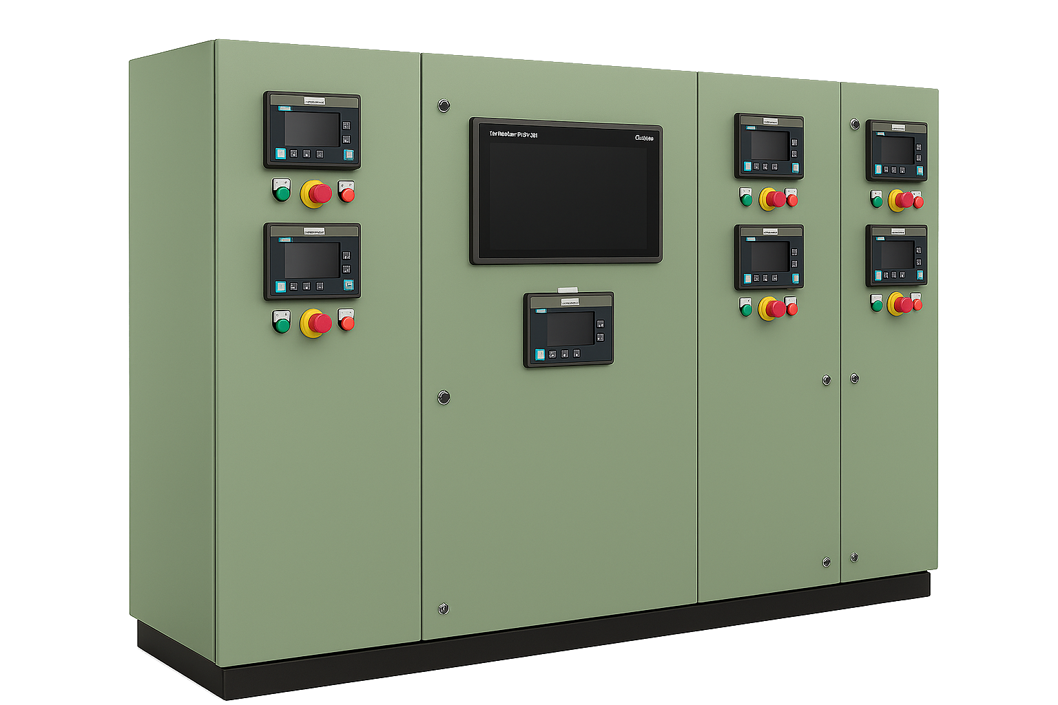 Industrial control panel with multiple screens and emergency stop buttons, painted in light green.