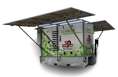 Mobile energy storage container with solar panels on top and branding for green energy.