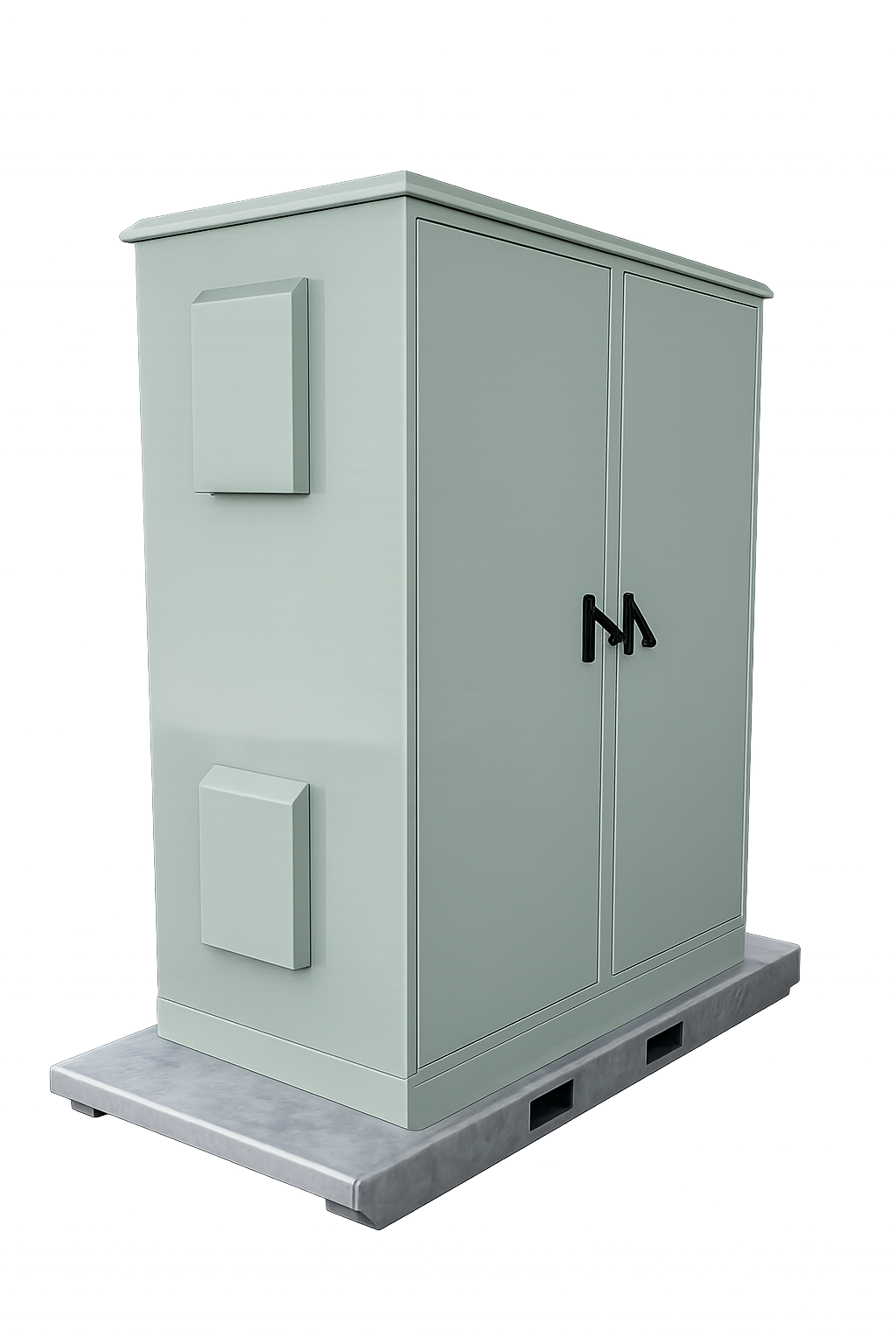 An outdoor electrical cabinet on a concrete pad.