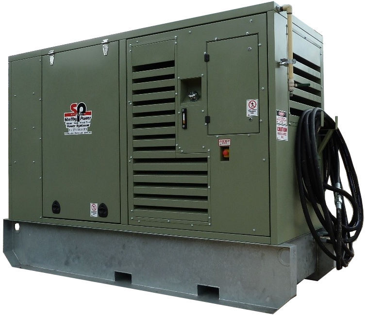 Green industrial generator with black hoses coiled on the side, mounted on a concrete platform, with warning labels and a company logo.