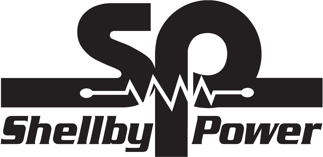 Black logo for Shelby Power featuring a stylized letter 'S' and 'P' with a resistor icon.