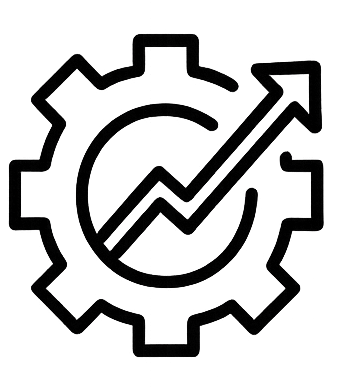 A black and white illustration of a gear with an upwards trend arrow crossing through it.