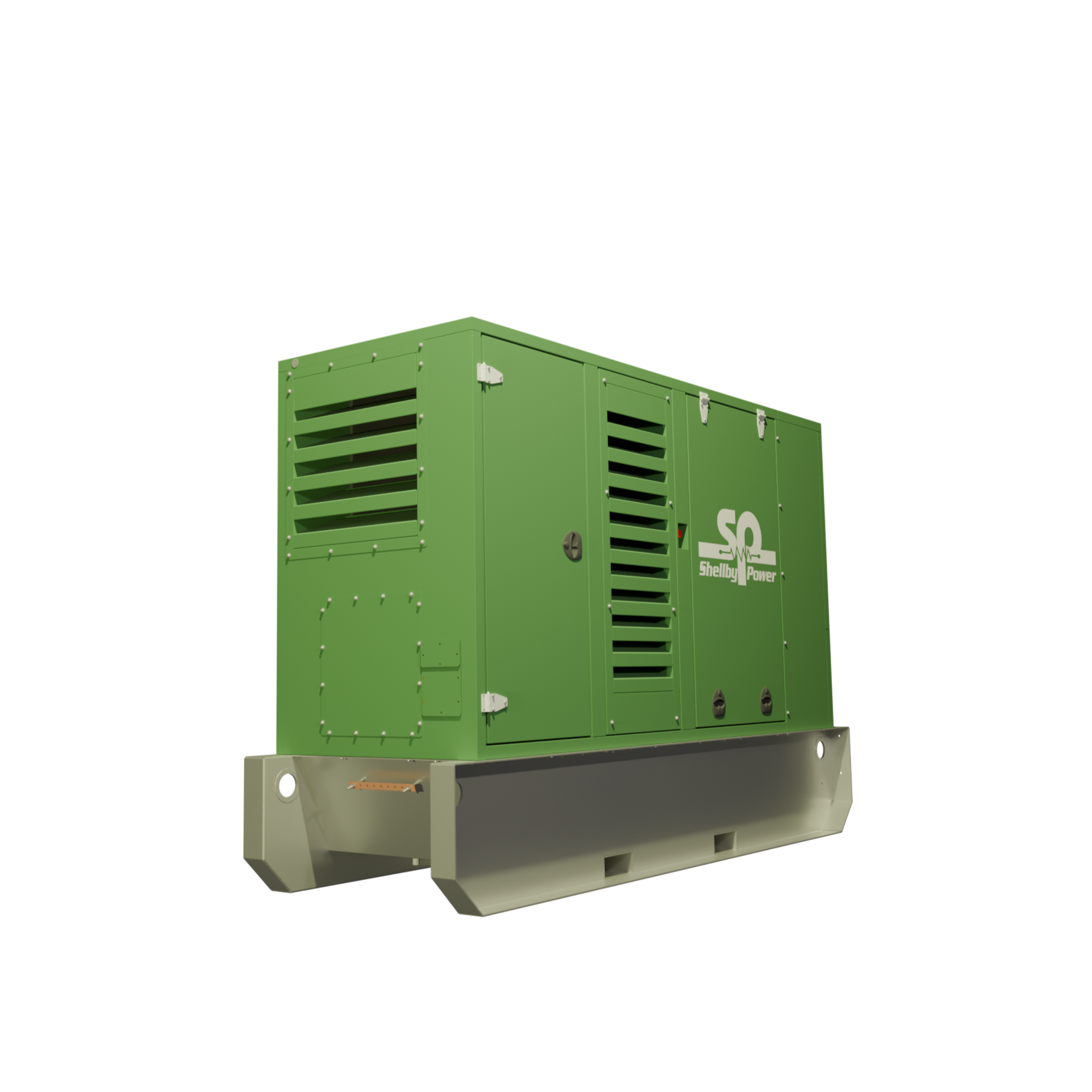 A green industrial generator with vents and a Shelly Power logo on the side, mounted on a skid.