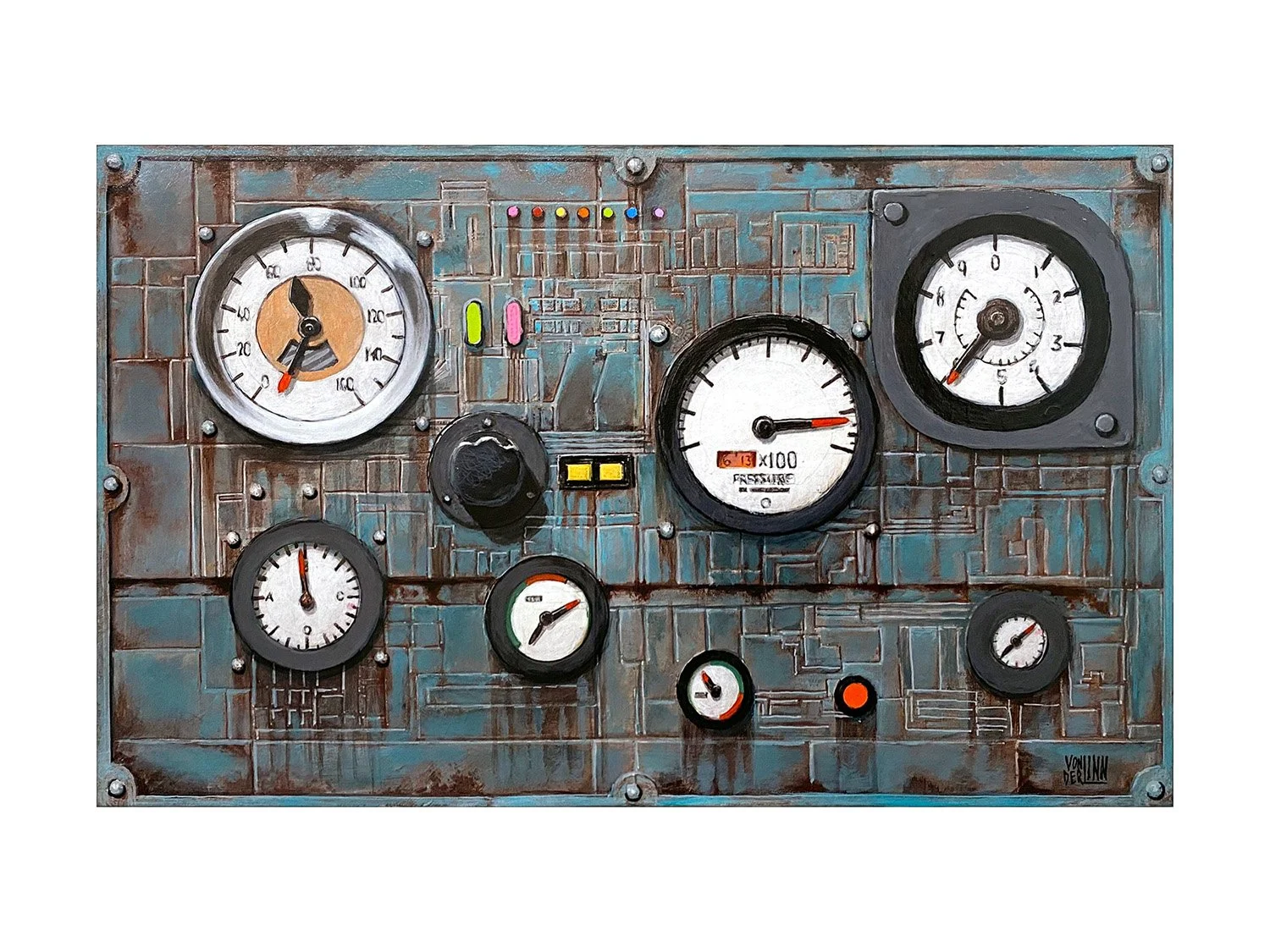 David VonDerLinn, "Control Panel No. 2" 10” X 16”, acrylic on cradled wood panel. $400