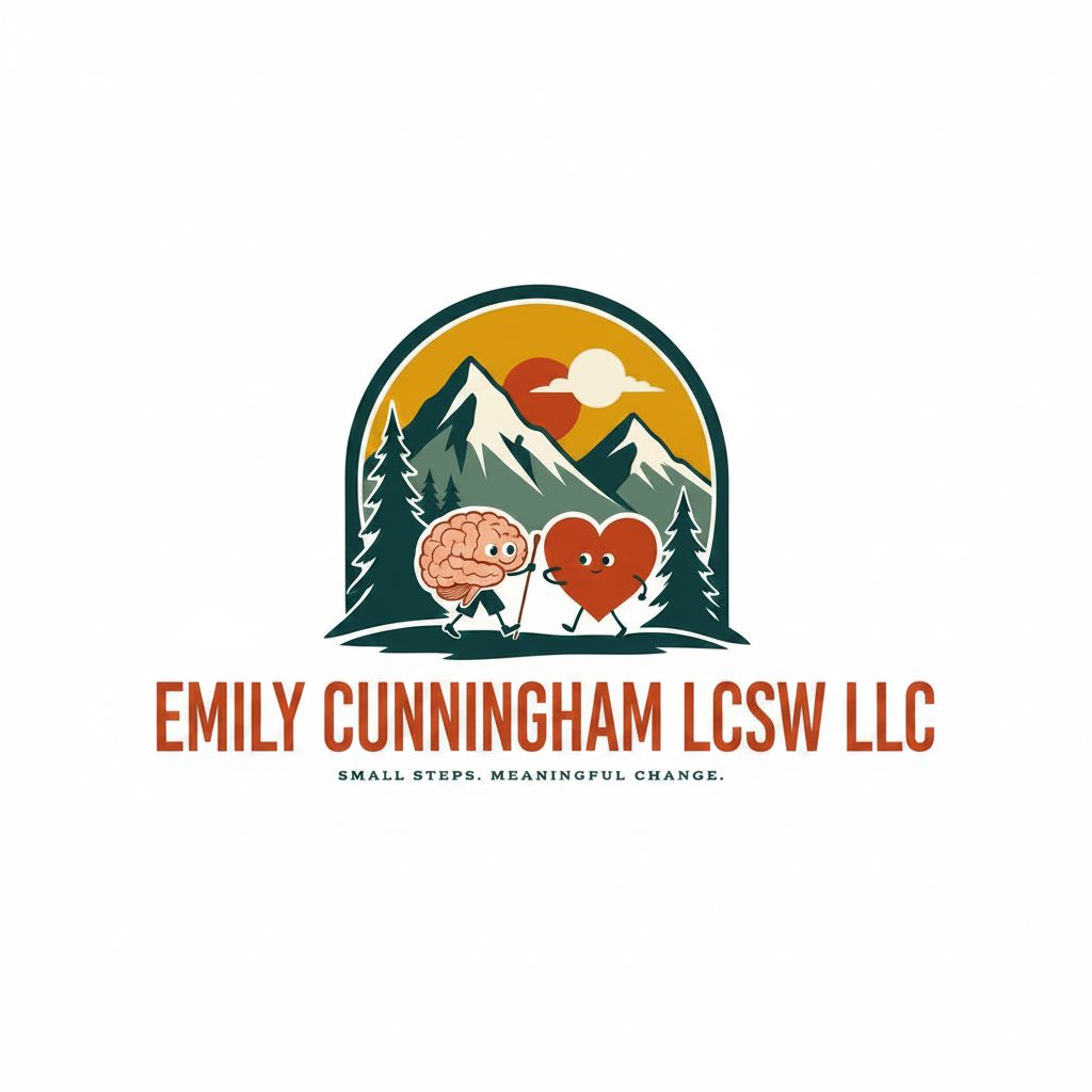 Logo for Emily Cunningham, LLC featuring cartoon brain and heart hiking together in a mountain landscape at sunset.