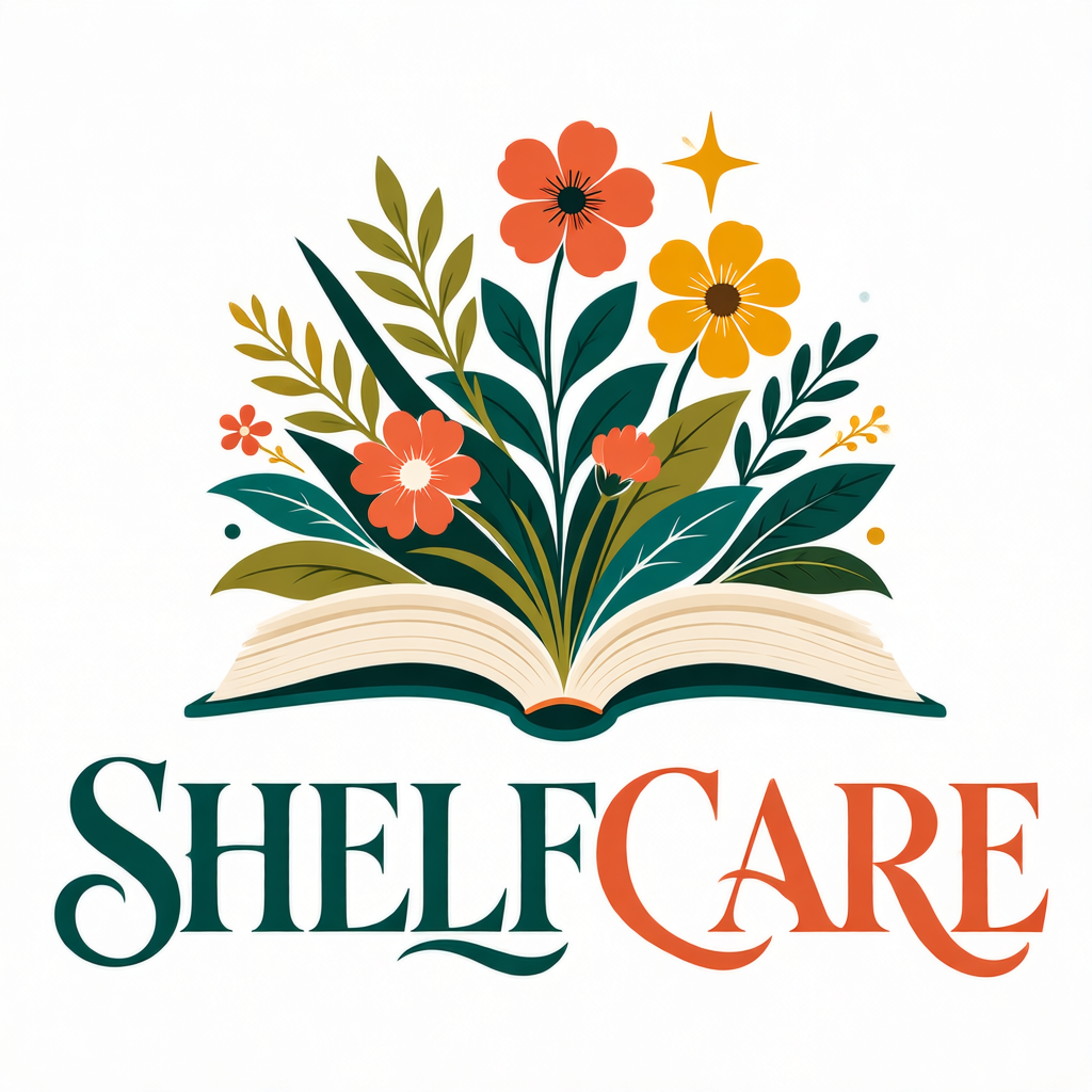 An open book with colorful flowers and green leaves emerging from it, along with a star and small decorative elements. The text reads 'SHELFCare' underneath.