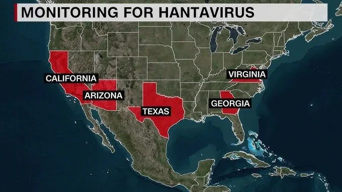 Map of the United States showing states monitored for Hantavirus in red: California, Arizona, Texas, Georgia, and Virginia.