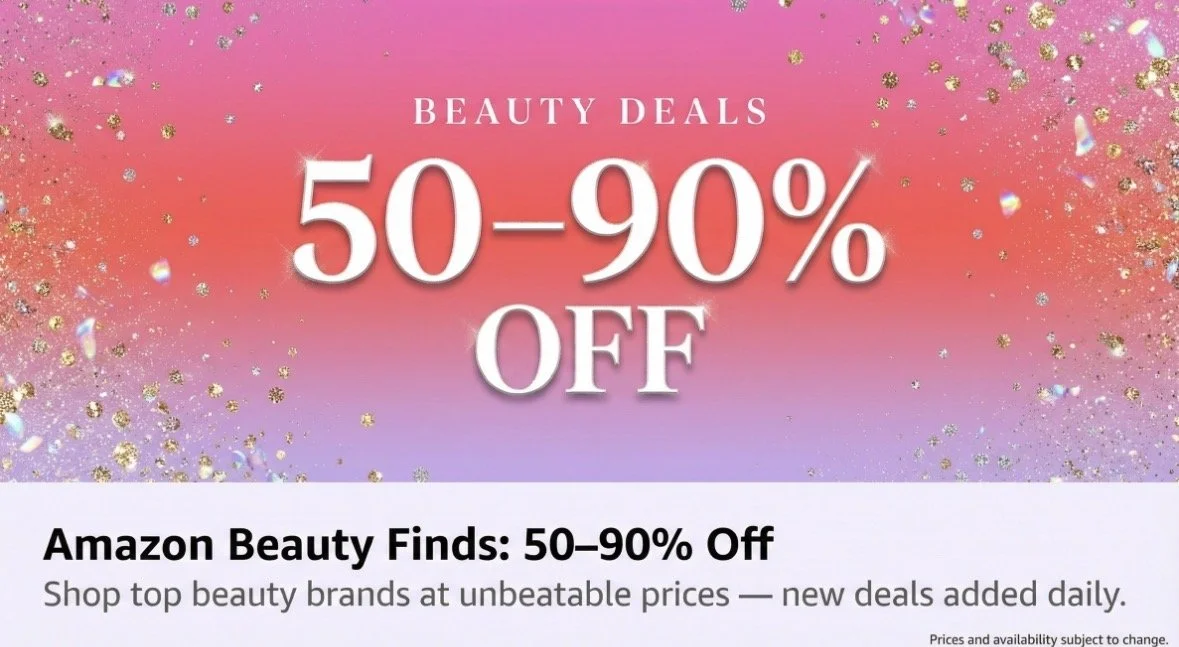 Graphic advertising beauty deals with 50-90% off on Amazon Beauty Finds, featuring a pink and purple background with sparkling gold accents.