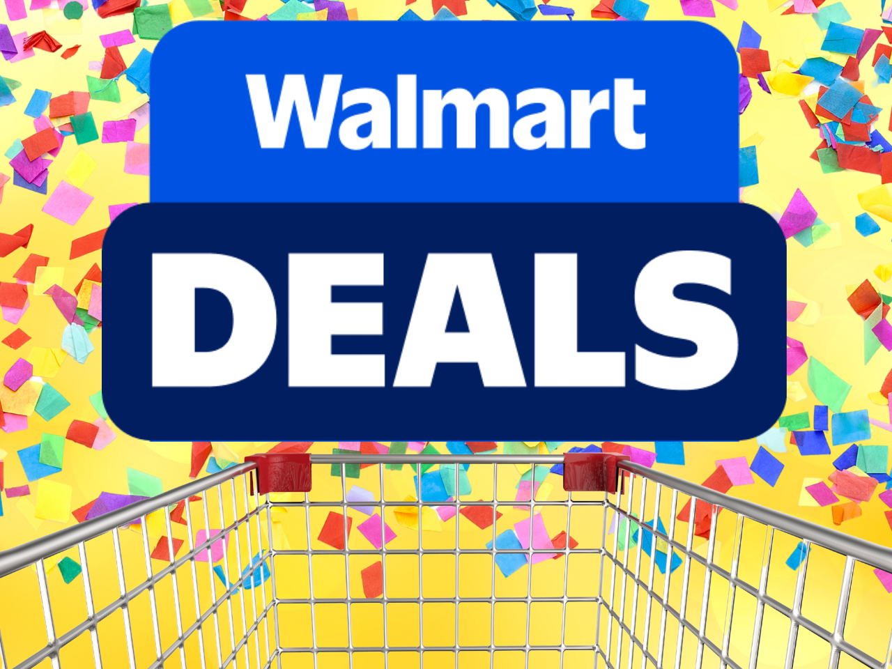 Walmart Deals sign with a shopping cart and colorful confetti background.