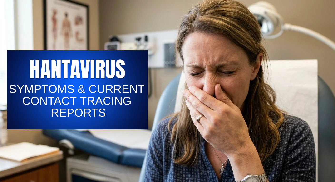 A woman in a medical exam room appears distressed or unwell, holding her nose or mouth with her eyes closed. Overlay text on the image reads 'HANTAVIRUS Symptoms & Current Contact Tracing Reports'.