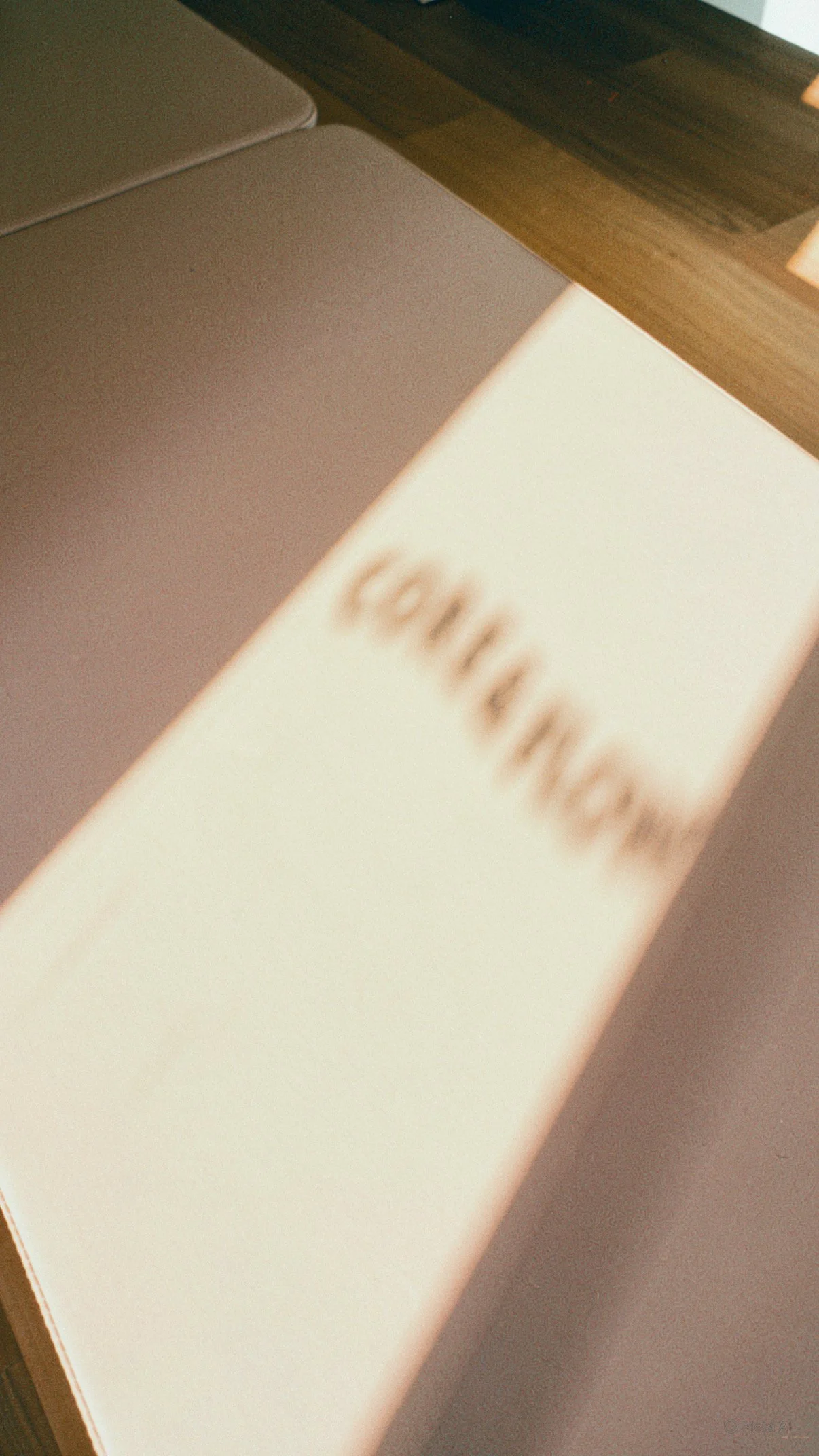 Close-up of a white rectangular box with blurred text on white background, resting on a wooden surface.