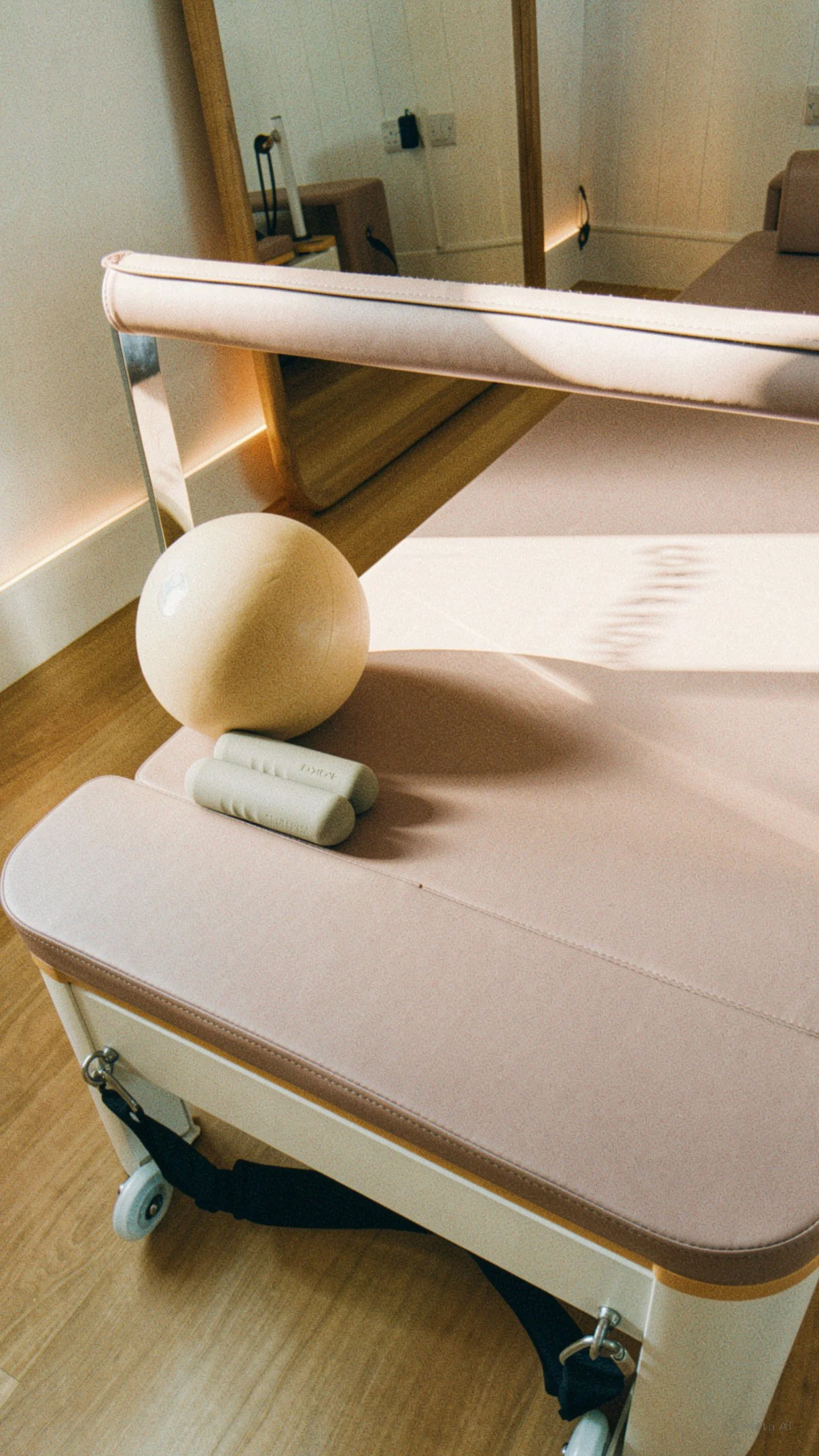 Pilates Reformer bed with a beige ball and some green pills on top, in a clinical setting.