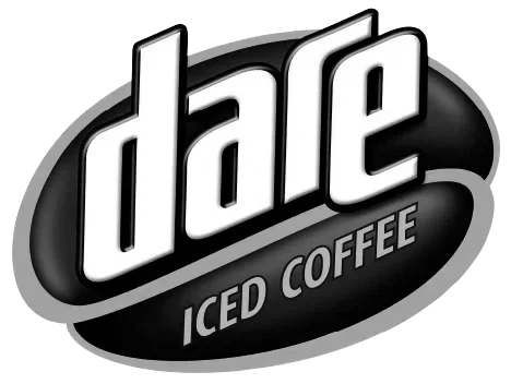 Dare Iced Coffee logo with black oval background and white text.