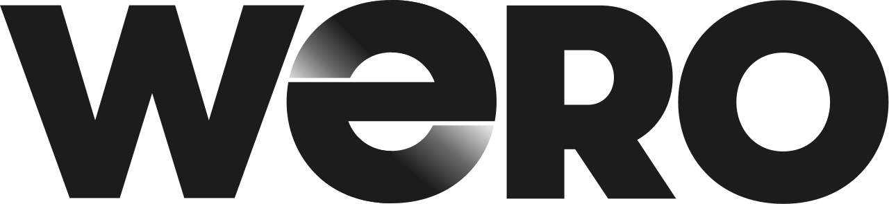 Close-up of a large black and gray logo that spells out 'WERO' in bold uppercase letters.
