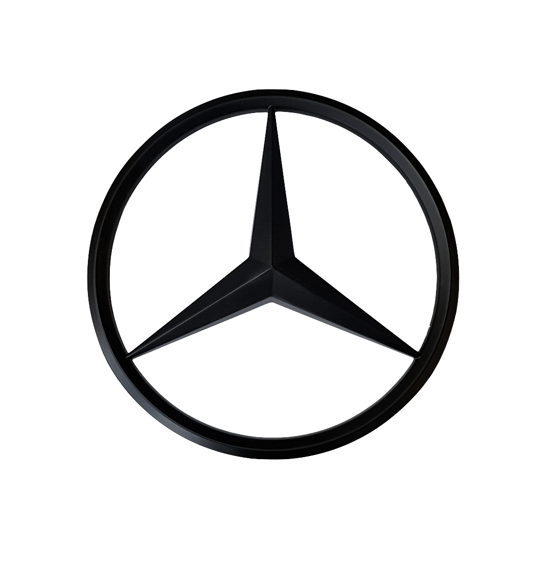 Black Mercedes-Benz logo with three pointed star inside a circle on a black background.