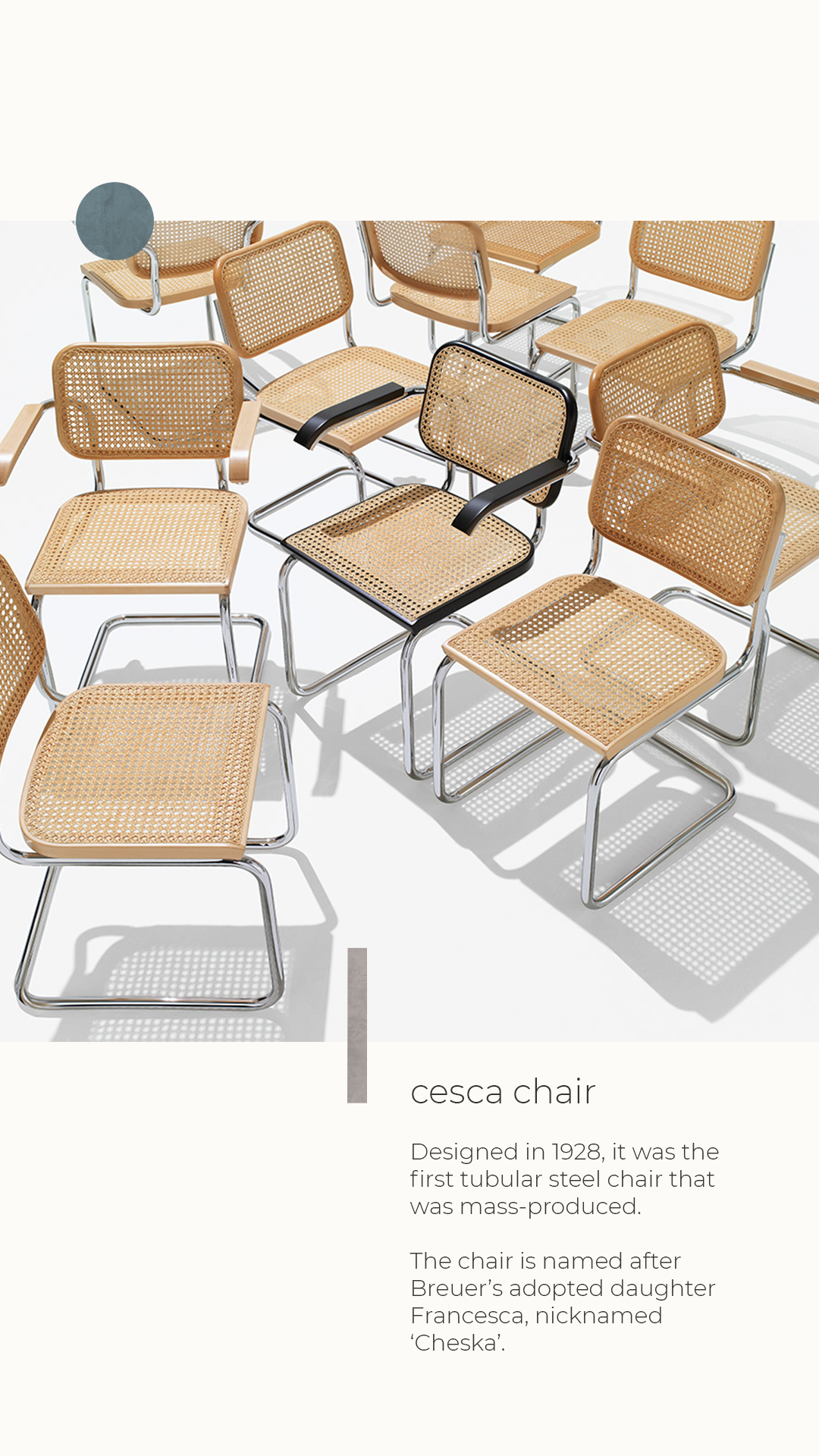 A collection of beige cane and metal chairs, Cesca Chair by Marcel Breuer, arranged on a white surface, with one black and beige chair in the center, casting shadows.
