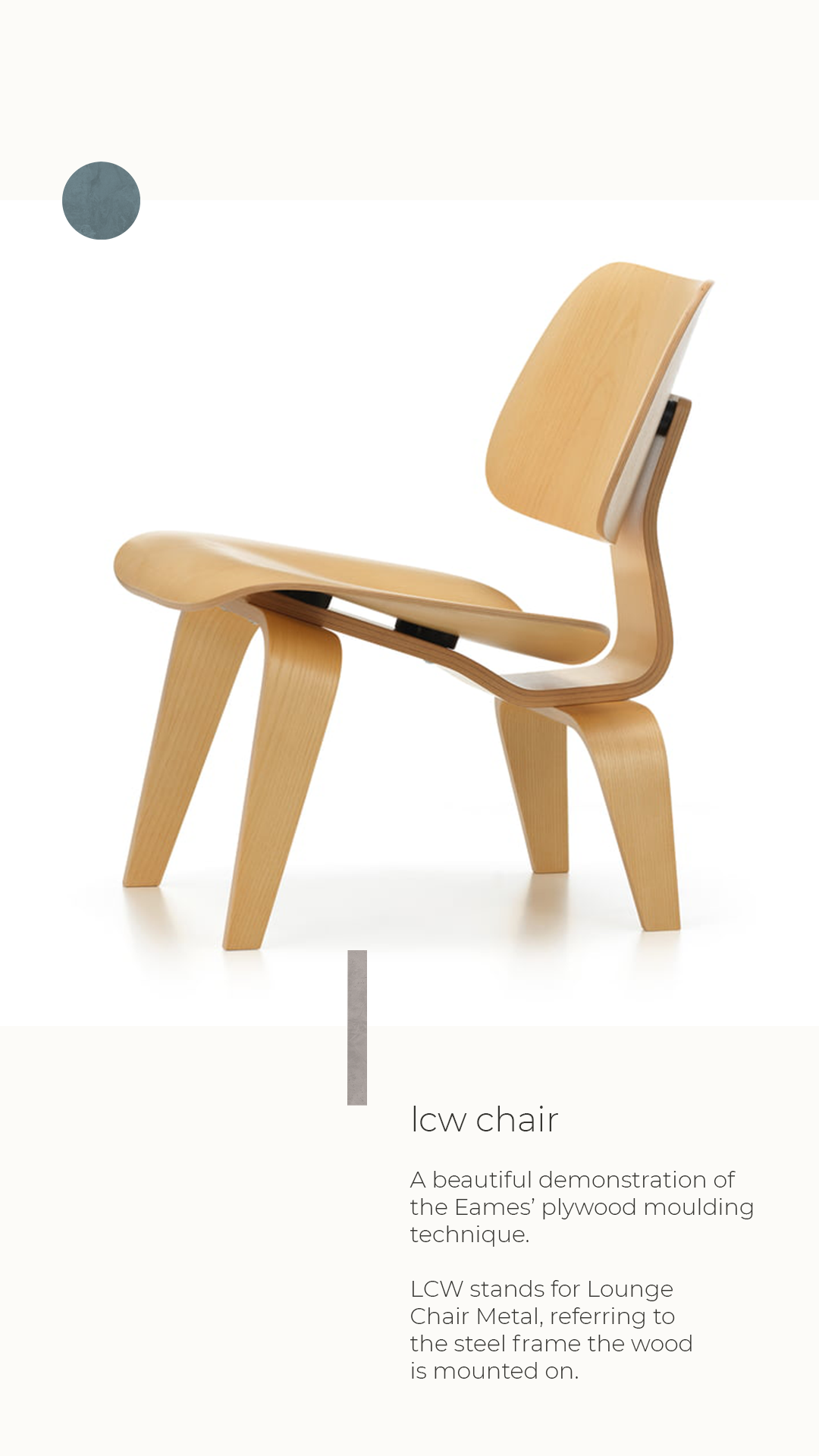 An Eames, wooden lounge chair with a curved seat, backrest, and angled legs, made using plywood molding technique.