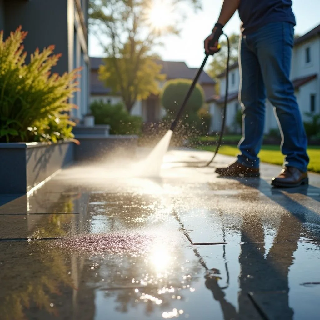 Person pressure washing a sidewalk in a residential neighborhood during the day.