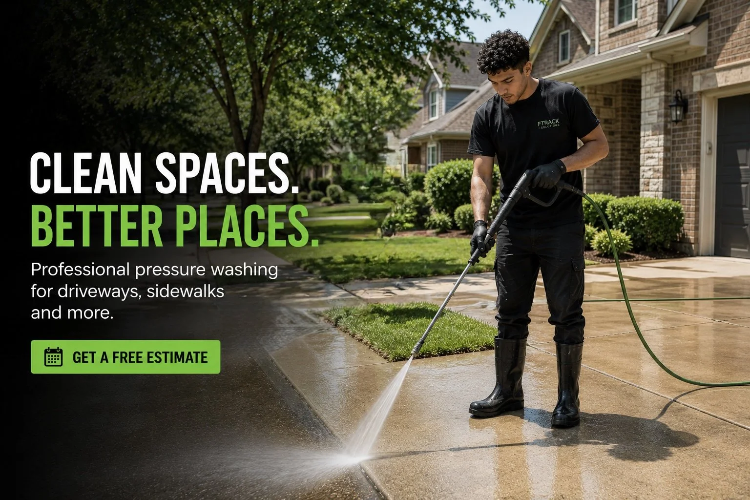 A person power washing a concrete driveway in front of a house.