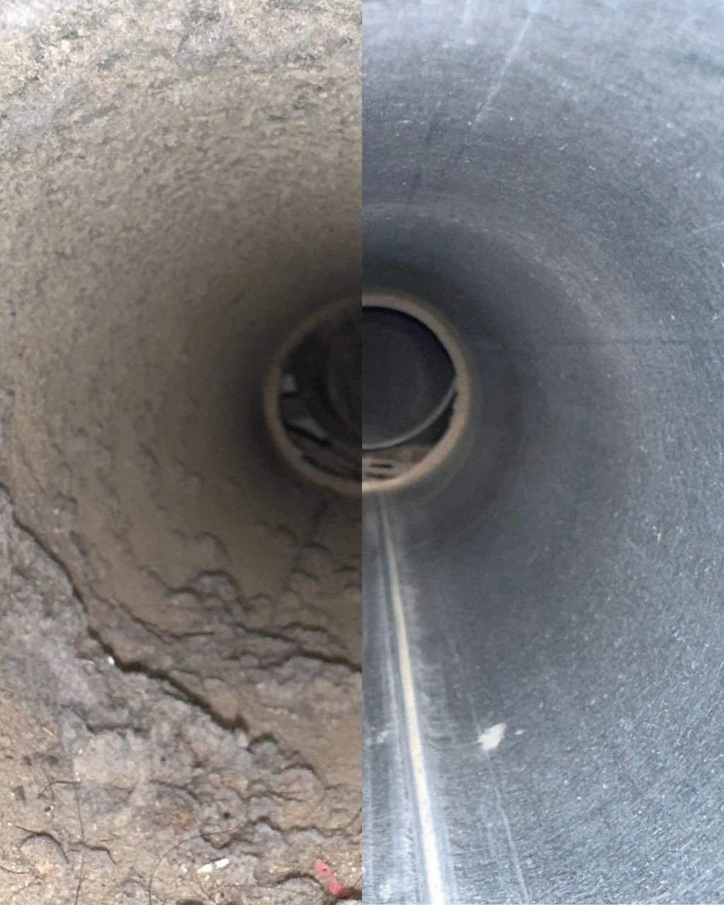 Dryer vent cleaning process. Inside view of a dryer vent showing a division between dirty, soil-covered left side and clean, smooth right side.