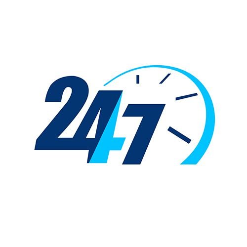 24/7 customer service logo with a clock illustration.