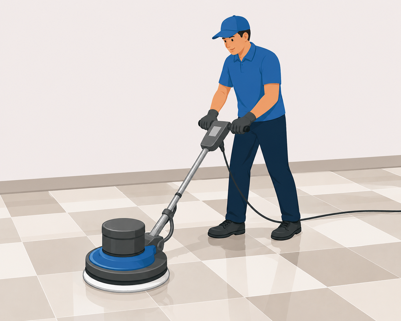 A person in blue uniform and cap cleaning a tiled floor with a floor polishing machine.