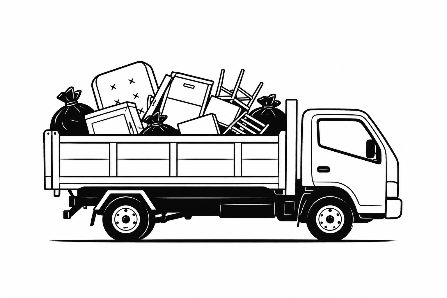 Black and white illustration of a pickup truck loaded with chairs, bags, and miscellaneous items in the truck bed.