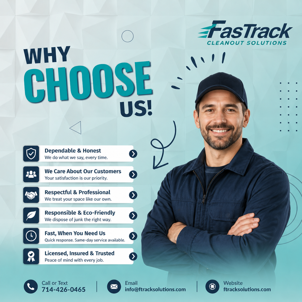 A man in a navy blue uniform and cap standing with arms crossed in front of a teal background with promotional text and icons for a cleaning company, FastTrack Cleanout Solutions, emphasizing reasons to choose their services.