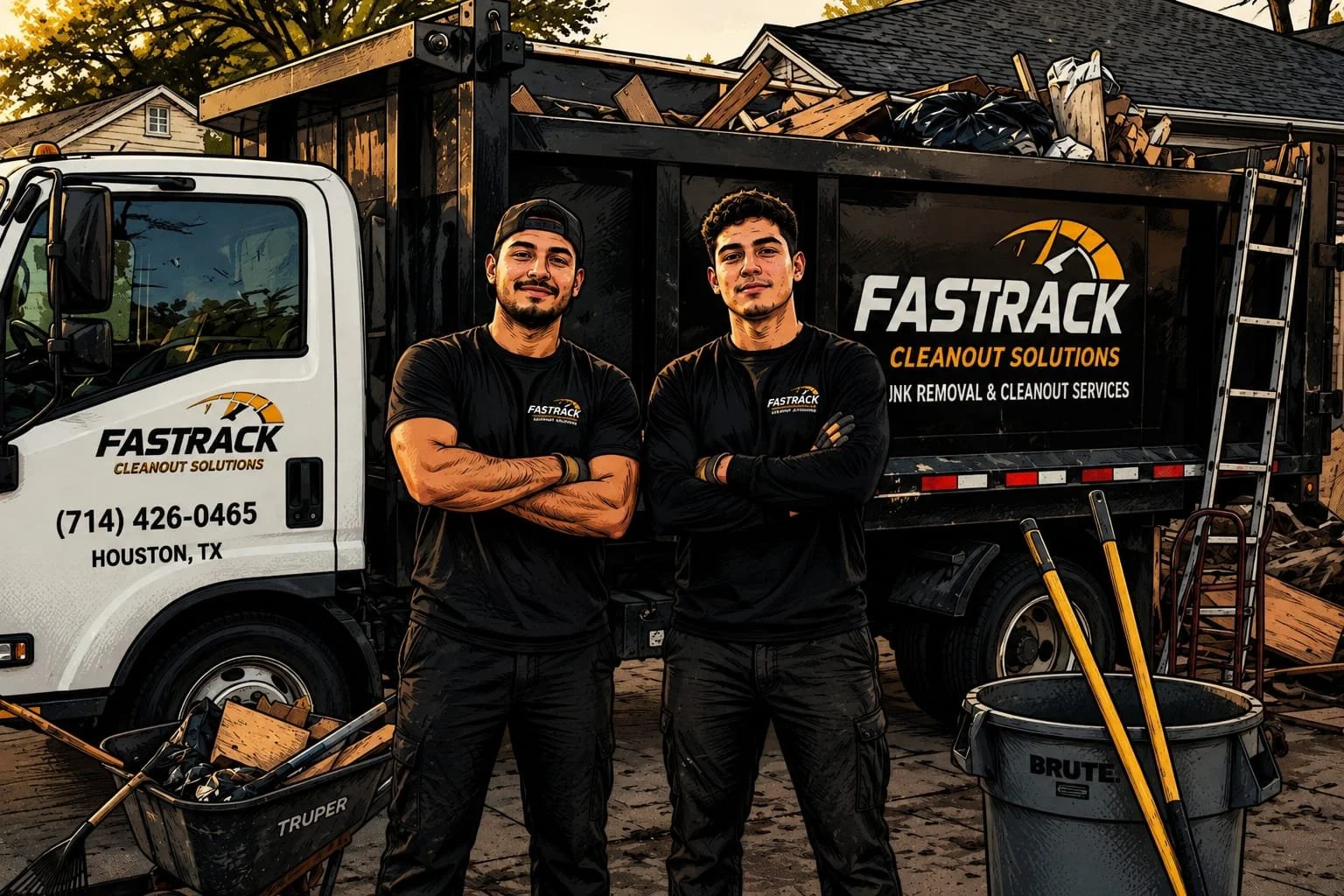Two men in black company shirts standing with crossed arms in front of a truck with the company logo Fastrac and contact details. They are outdoors with a construction or cleanup scene in the background, including a trailer filled with debris, a ladder, and tools.
