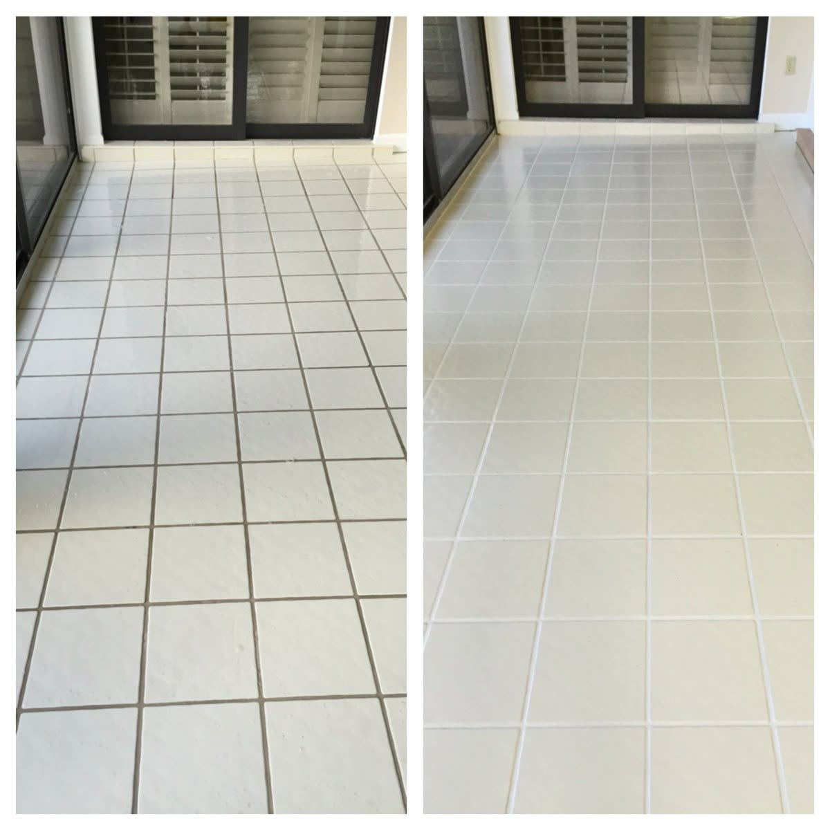 Comparison of two tiled floors, one before cleaning with dirt and grout stains, and the other after cleaning with clean, bright tiles and grout.