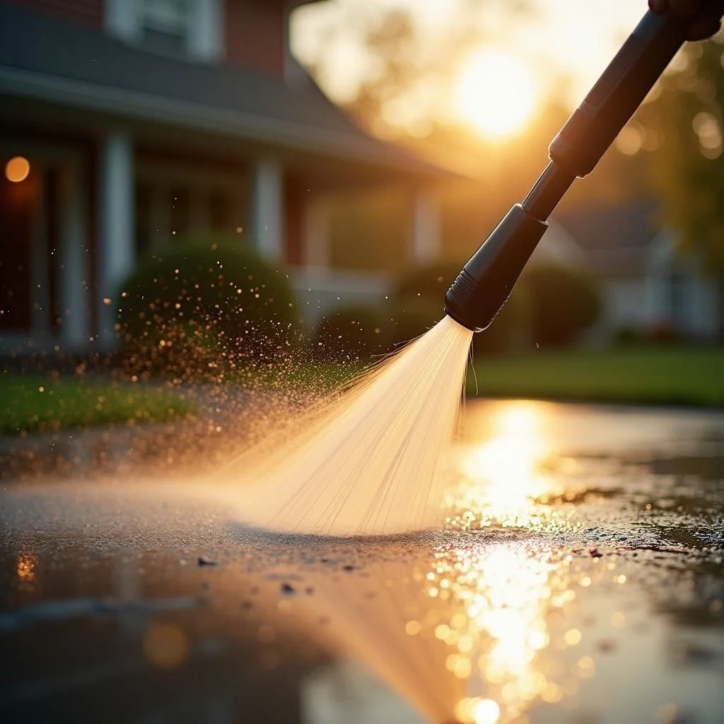 A pressure washer sprays water on the sidewalk during sunset.