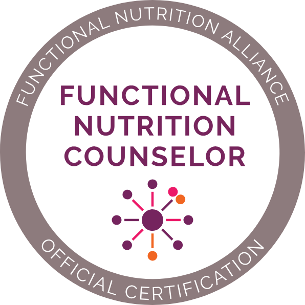 Circular badge with gray border and white background, stating 'Functional Nutrition Counselor' in bold purple text, with smaller text around the border reading 'Functional Nutrition Alliance' and 'Official Certification.' A colorful molecular diagram is centered below the text.
