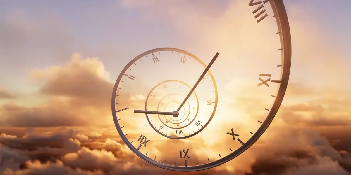 A surreal image of a spiral clock with Roman numerals, showing the time around 1:02, over a sunset sky with clouds.