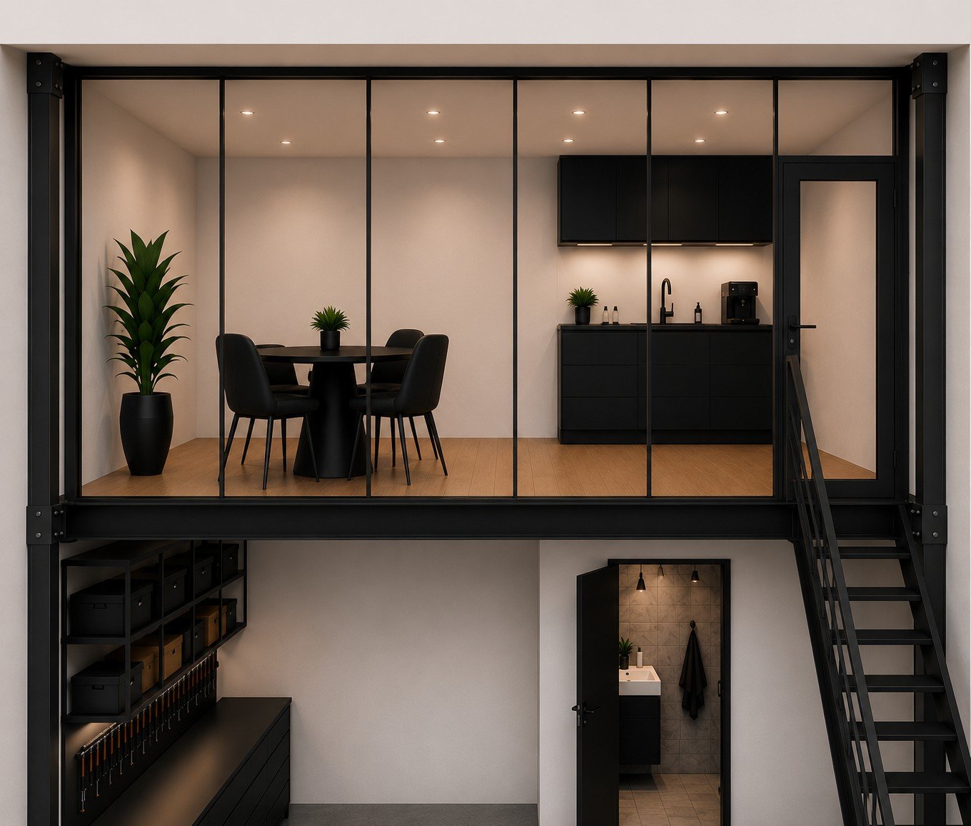 Eksempel på en lagerseksjon på 45 m² (KI-generert og ment som visualisering).