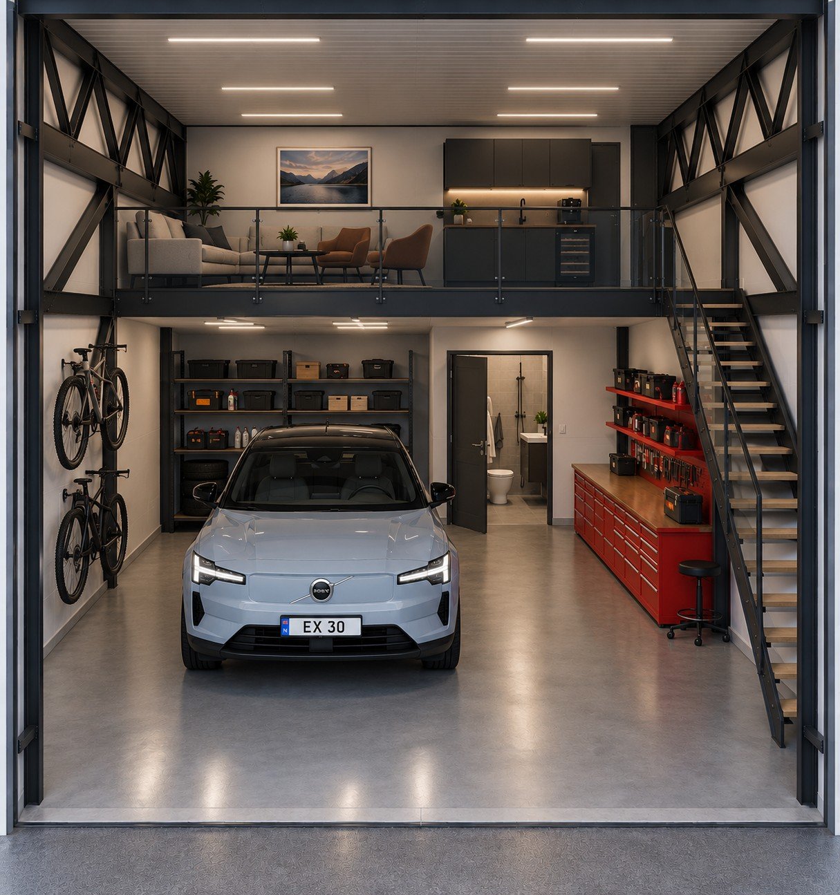 Eksempel på en lagerseksjon på 36 m² (KI-generert og ment som visualisering). 