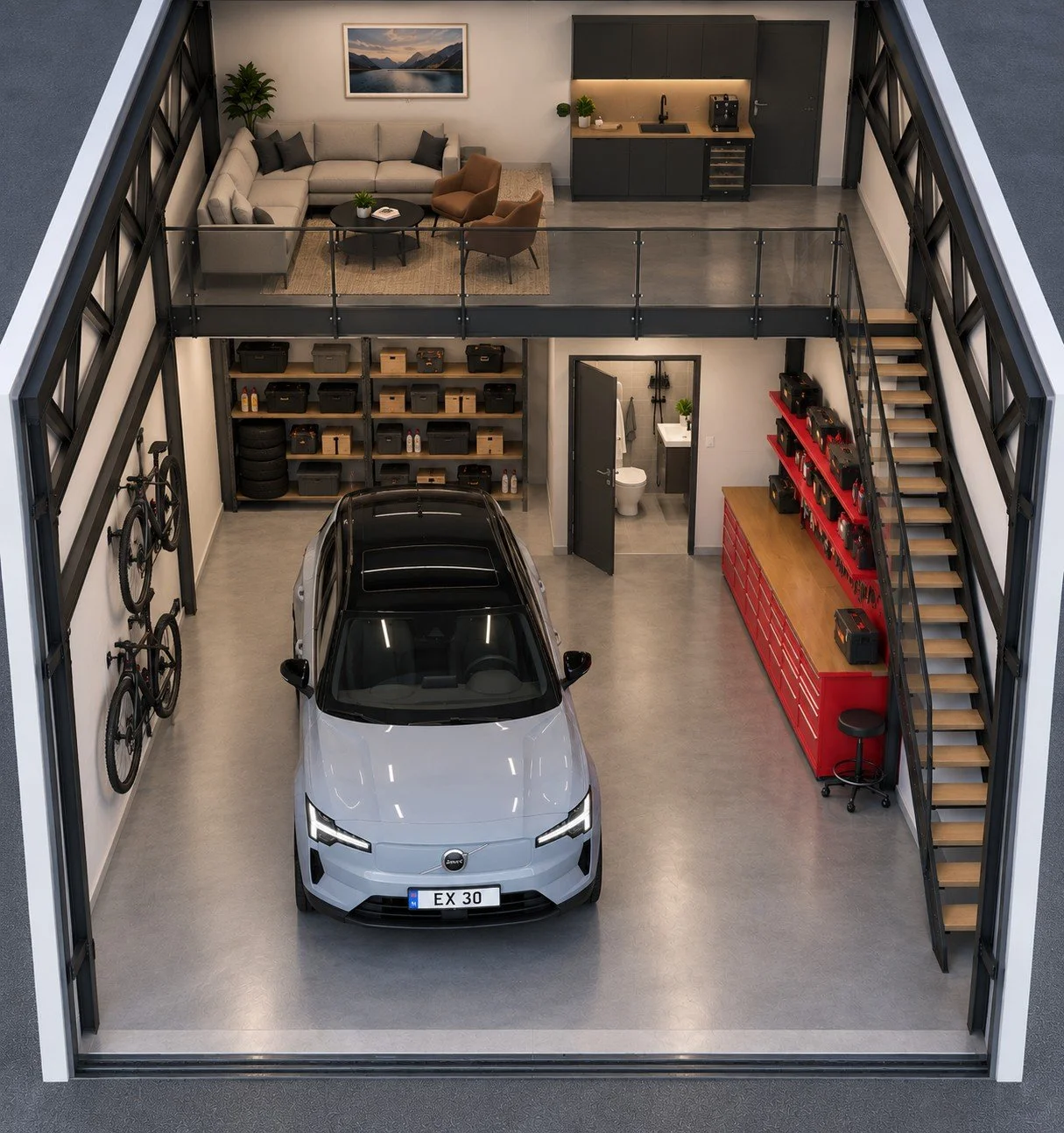 Eksempel på en lagerseksjon på 36 m² (KI-generert og ment som visualisering).