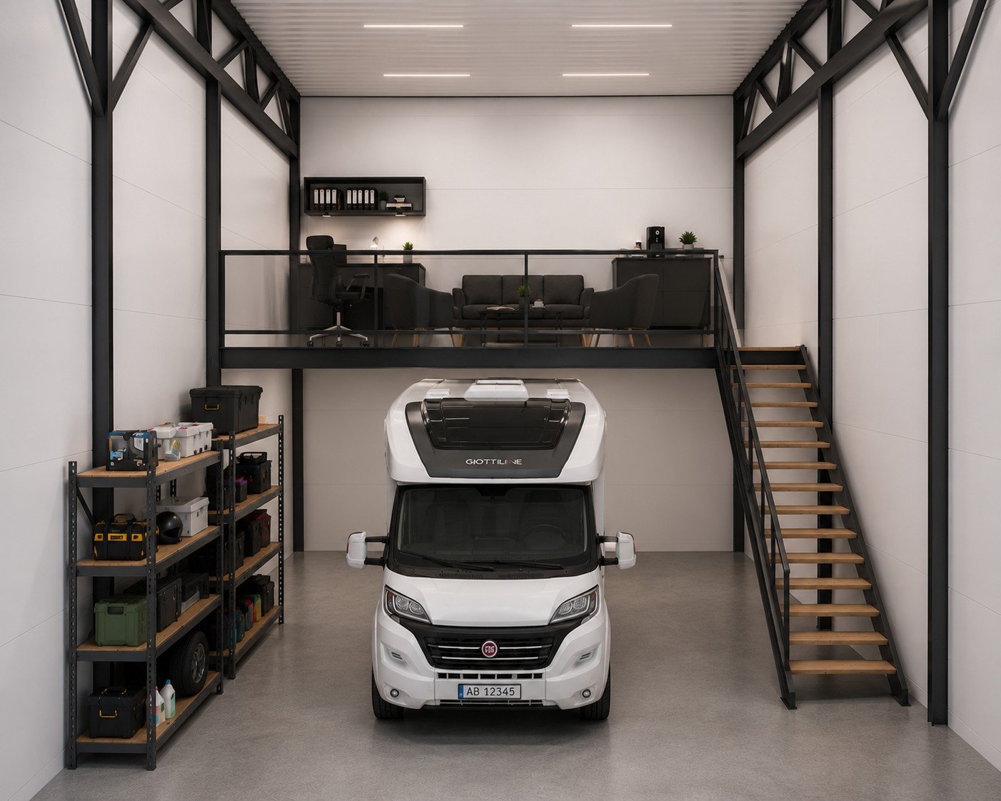 Eksempel på en lagerseksjon på 72 m² (KI-generert og ment som visualisering).
