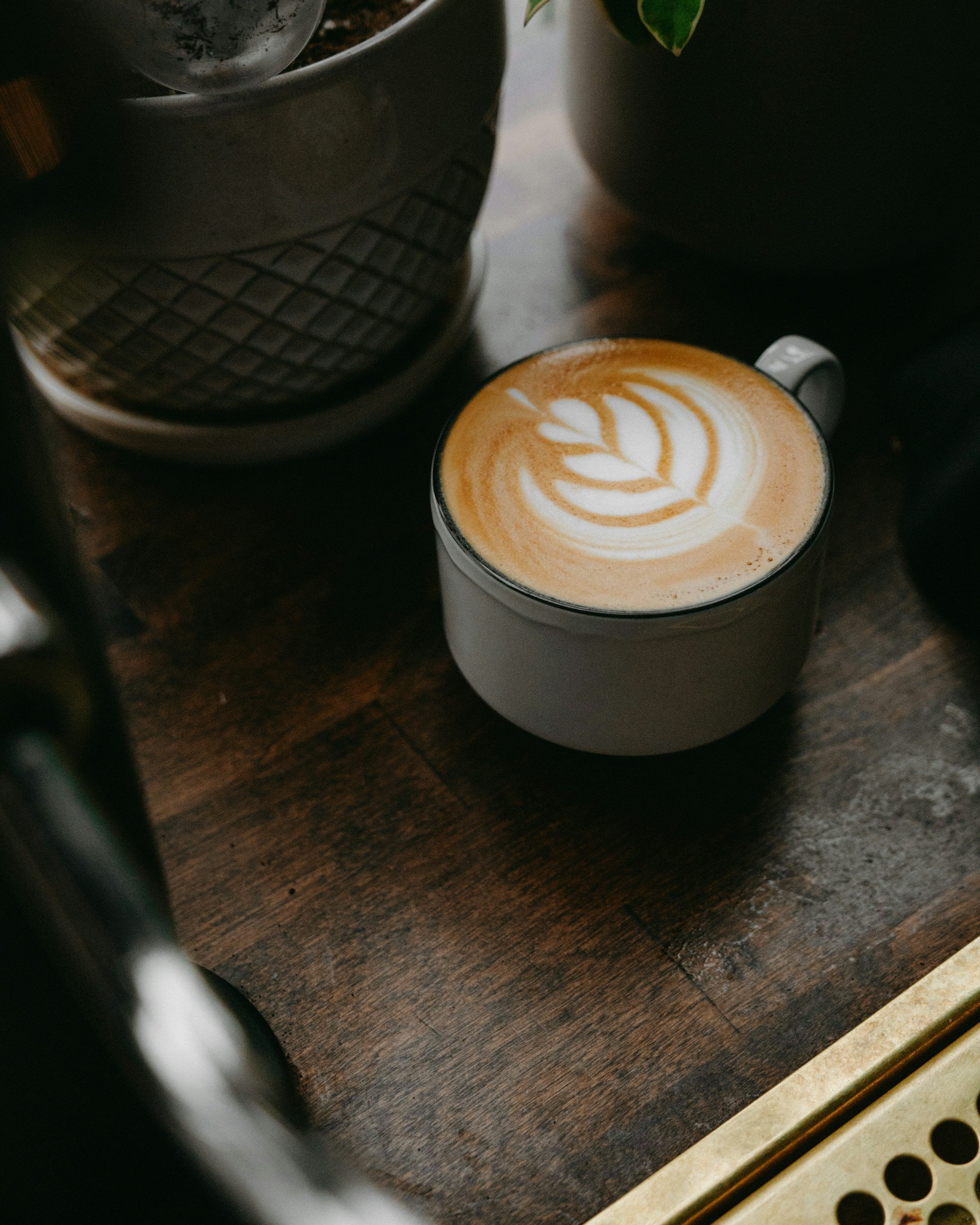 Close-up of a cup of coffee with latte art on top, placed on a wooden surface next to a dark container and a small leafy green plant.