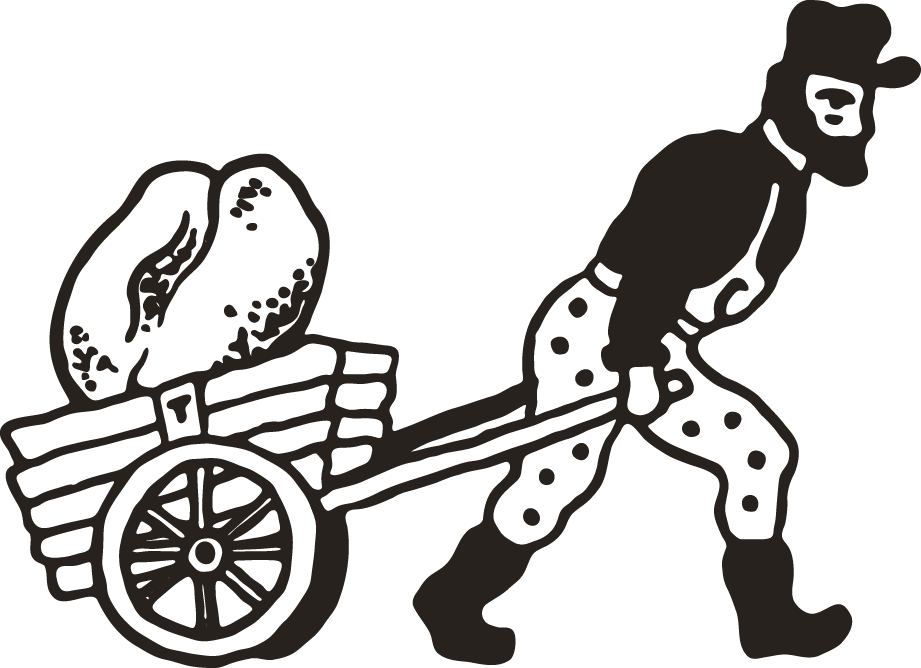 A cartoon man pushing a wheelbarrow with a large piece of bread in it.